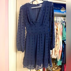 City Vibe from Dillard’s swiss dot v-neck navy aline long sleeve dress. size 0